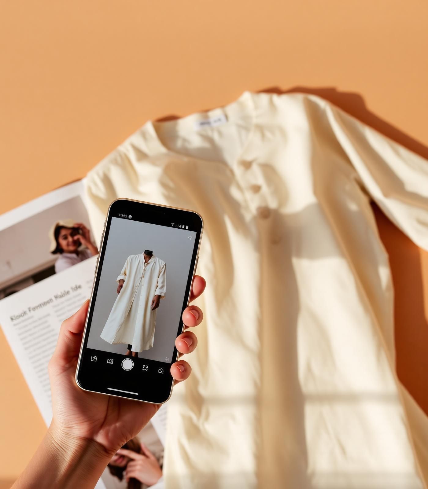 A phone previewing a garment beside the real kurta